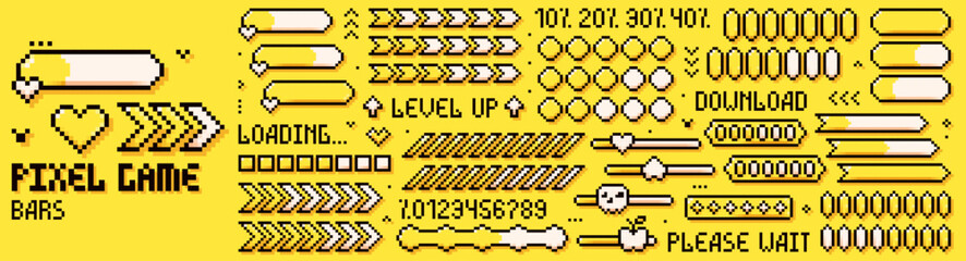 Pixel game bars. 8 bit loading lines in different shapes on yellow background.