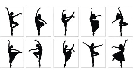 Ballerina silhouettes in various dance poses, isolated on
