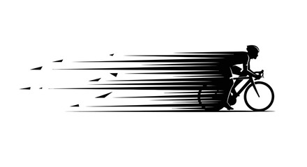 Black silhouette of a racing cyclist moving at high speed with a motion blur effect on a white background.