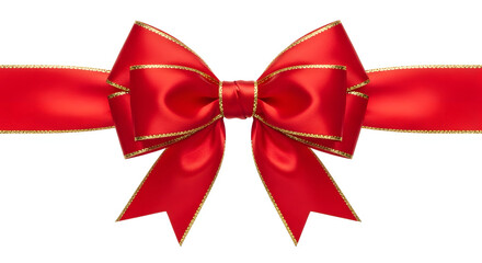 Fototapeta premium Elegant red satin ribbon bow with gold trim on white background
