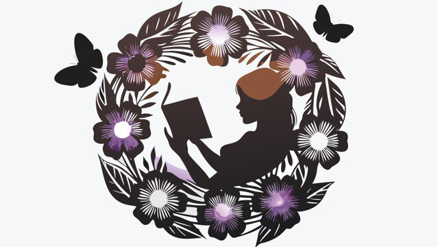 Overhead perspective silhouette of a girl engrossed in reading presented as a versatile banner or advertisement design ideal for educational or leisure themes