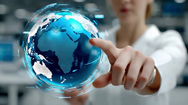 Global Touch: A scientist's finger gently interacts with a digital globe, symbolizing interconnectedness, innovation, and global solutions. It's a visual metaphor for progress.