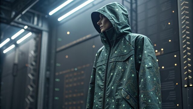 A person in a futuristic, star-patterned jacket stands in a dimly lit, high-tech environment with glowing lights and metallic textures. - Powered by Adobe