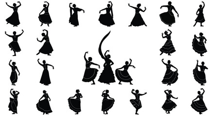 Collection of indian classical dancers silhouettes isolated on