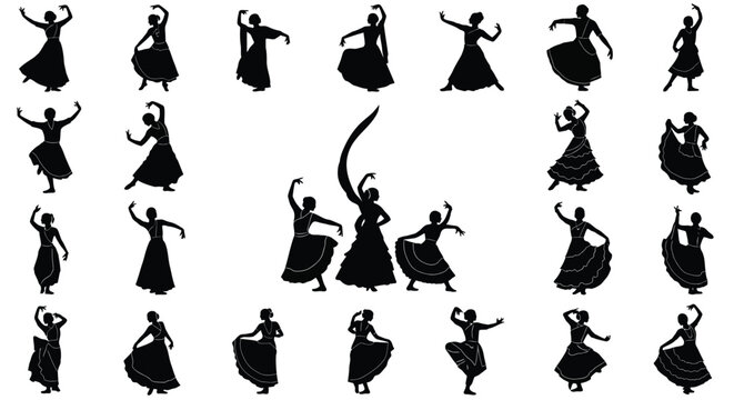 Collection of indian classical dancers silhouettes isolated on