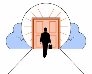 An modern vector style silhouetted man in a suit walking toward a glowing orange doorway on a minimalist path, symbolizing opportunity in clean and white background.