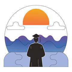 An silhouette vector icon of a graduate man in gown standing on a hill at sunset, framed by glowing orange sun and layered mountains in a dramatic, motivational art style on white background.