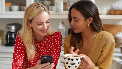 Morning Moments: Two female friends share a moment of connection as they look at their phones, a cup of morning coffee adds to their leisurely joy in a kitchen setting.
