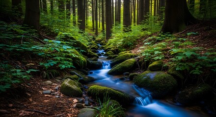 Luminous stream flowing through a lush green forest landscape