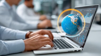 Global Insight: A professional intently works on a laptop, a digital globe hovering, indicating connectivity and data flow in an office environment, showcasing innovation. - Powered by Adobe