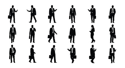 Fototapeta premium Businessmen silhouettes with briefcases in poses, isolated on