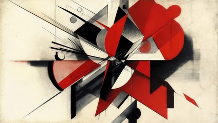 Geometric explosion with sharp angles, red/black accents, and a vintage paper texture
