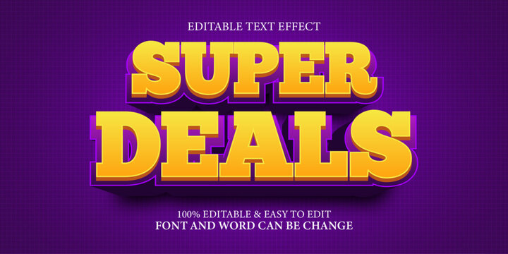 Editable Text Effect Super Deals Yellow 3D Typographic Style on Dark Purple Grid Background for Sale Promotion Banner