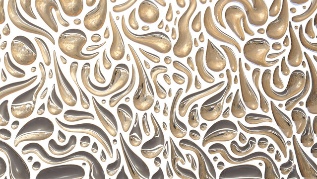 3D Metallic Water Drop Texture Background with Gold Chrome Liquid Pattern – Abstract Fluid Drip Surface Design for Futuristic Decorative Artwork