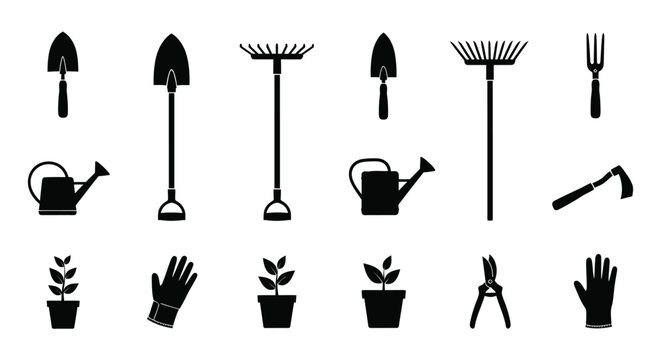 Collection of gardening tools and plants silhouette isolated on
