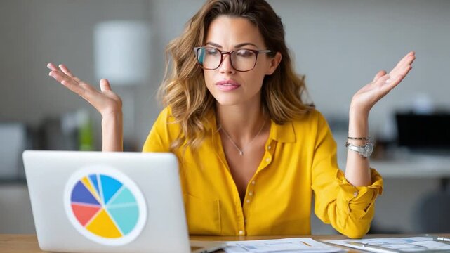Woman Frustrated at Work: A businesswoman, mid-analysis, grapples with complexity, embodying the struggle of modern professional life. Her expression portrays confusion and overwhelm.