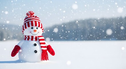 Fototapeta premium Cheerful snowman in red and white hat and scarf in winter