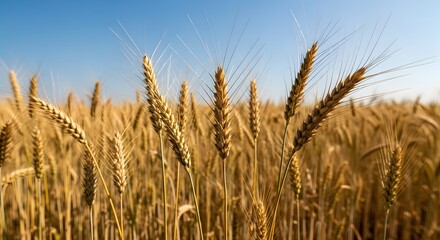 Fototapeta premium Golden wheat field under a clear blue sky on a sunny day
