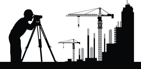 Construction site silhouette&mdash;surveyor with tripod, tower cranes, and high-rise buildings under development