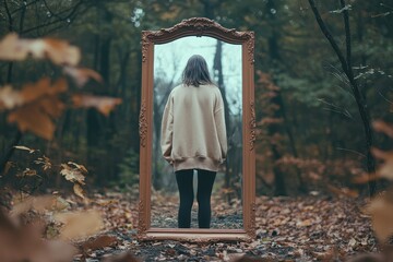 Spectral reflections a haunting figure in a surreal mirror forest