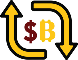 Illustration showing the exchange or conversion process between traditional dollar currency and digital Bitcoin cryptocurrency, represented by symbols and arrows.