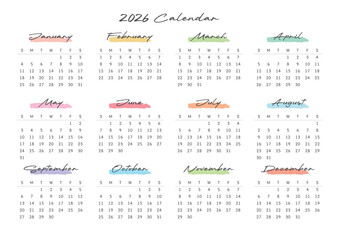 A modern 2026 full-year calendar template featuring pastel watercolor brushstrokes and handwritten calligraphy. The layout is perfect for a printable wall planner or desk scheduler.