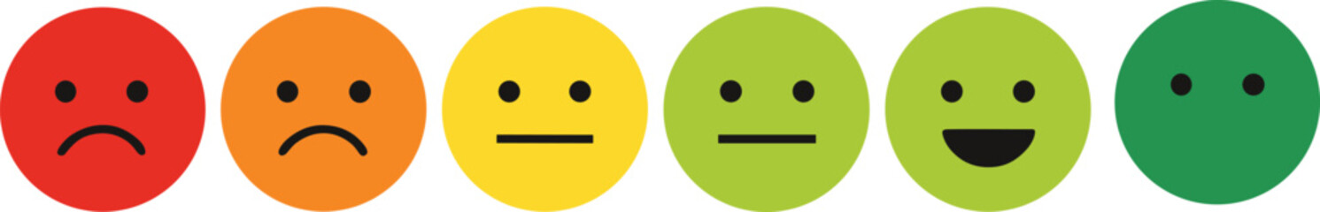 Emotion spectrum icon set—six circular faces showing mood from unhappy to happy with color-coded expressions