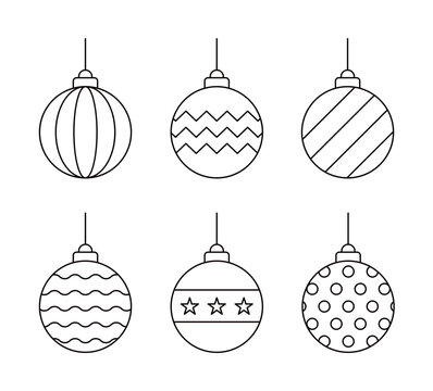 Minimal Christmas decoration icon set. Vector illustration of holiday ornaments with various geometric patterns including stripes, stars, and waves.