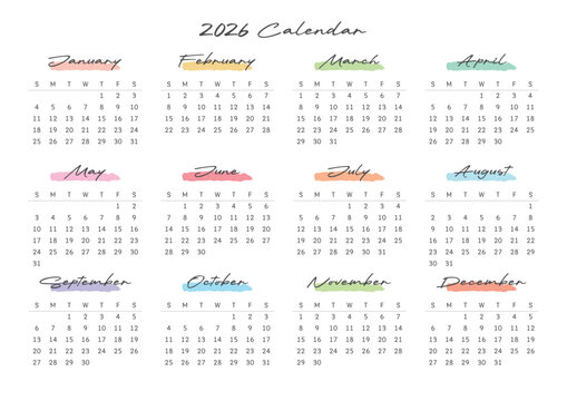 A modern 2026 full-year calendar template featuring pastel watercolor brushstrokes and handwritten calligraphy. The layout is perfect for a printable wall planner or desk scheduler.