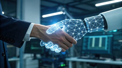 A human hand shakes a robotic hand, symbolizing collaboration and innovation between technology and humanity in a modern environment.