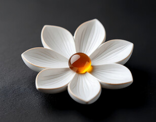 Fototapeta premium Matte ceramic flower plate with engraved filament veins holds glossy amber resin drop, creating delicate and elegant look