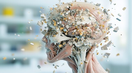 Dissolving body in abstract art studio digital rendering modern environment side view failing body concept