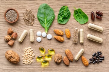 Organic food supplements a creative flat lay of minerals superfoods and herbal energy boosters for balanced living