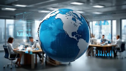 Global Business Meeting: A conceptual view of a business meeting featuring a digital representation of the Earth, symbolizing global reach, innovation, and interconnectedness. - Powered by Adobe