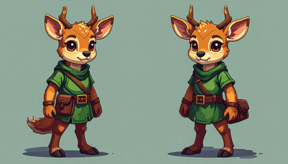 Clever kancil hero standing pose wearing green adventure tunic in retro pixel art
