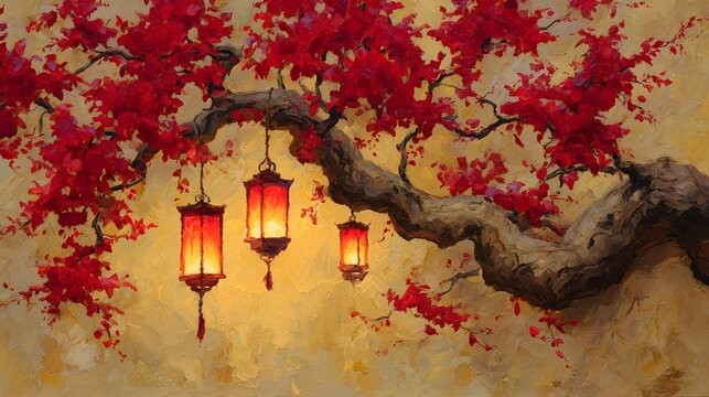 Elegant painting of red lanterns hanging from blossoming tree branches