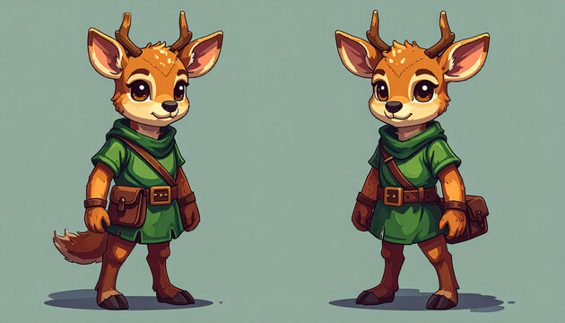 Clever kancil hero standing pose wearing green adventure tunic in retro pixel art

