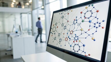 A modern workspace featuring a computer screen displaying colorful molecular structures, with a person walking in the background.
