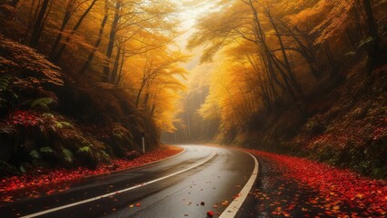 A winding road through an autumn forest with vibrant yellow and red foliage