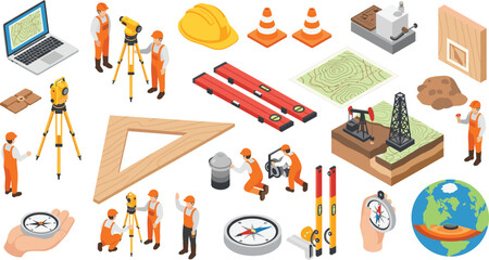 Land surveying illustration—surveyors, instruments, terrain maps, and geospatial tools in detailed layout