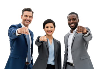 Diverse professionals in tailored suits, smiling, making a unified fist gesture in high-key white studio with copy space, Concept of team success