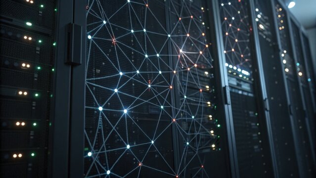 A close-up view of a server rack with intricate networking connections and illuminated indicators, showcasing advanced technology in data storage.