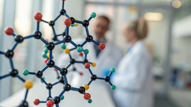 A laboratory scene featuring molecular models with two scientists in white coats blurred in the background, suggesting research and collaboration. - Powered by Adobe