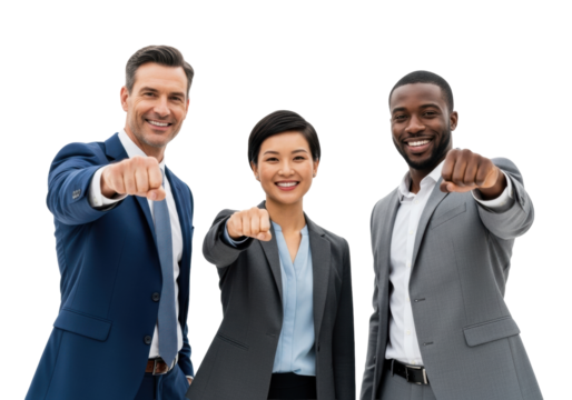 Diverse professionals in tailored suits, smiling, making a unified fist gesture in high-key white studio with copy space, Concept of team success