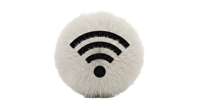 A fluffy white ball with a black wifi symbol in the center view on transparent background