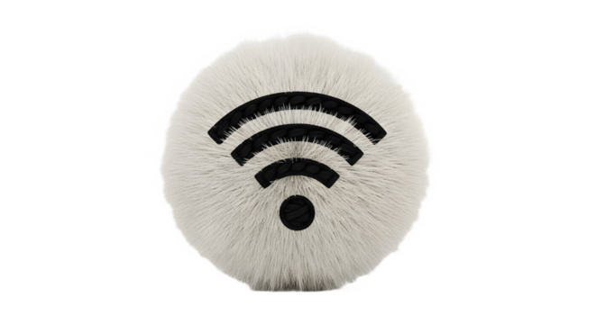 A fluffy white ball with a black wifi symbol in the center view on transparent background