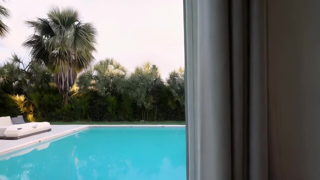Luxurious Poolside View with Palm Trees and Modern Lounge Furniture
