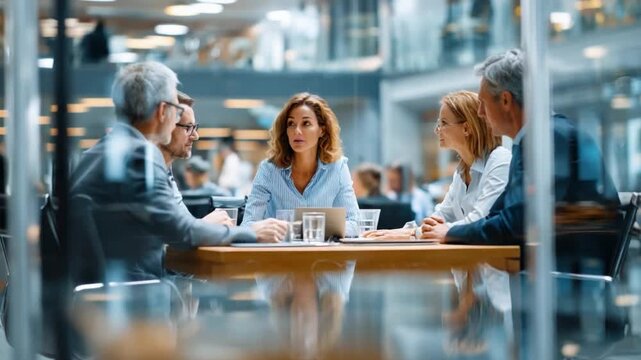 Collaborative Synergy: A modern business meeting unfolds with professionals engaged in a dynamic discussion, showcasing teamwork and strategic planning.