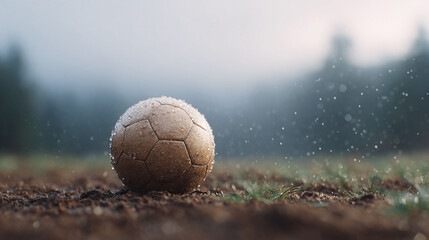 Dreamy soccer ball rests on misty field, covered in dew drops. Evokes sportsmanship, nostalgia, childhood, determination. Perfect for athletic, motivational content.