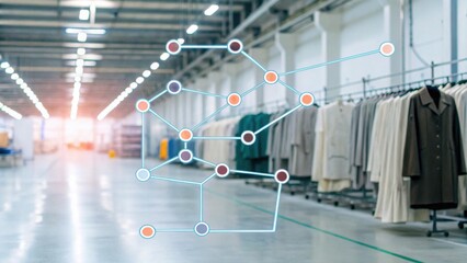 A modern warehouse interior displaying clothing on racks, overlaid with a digital network graphic indicating connections or data flow.